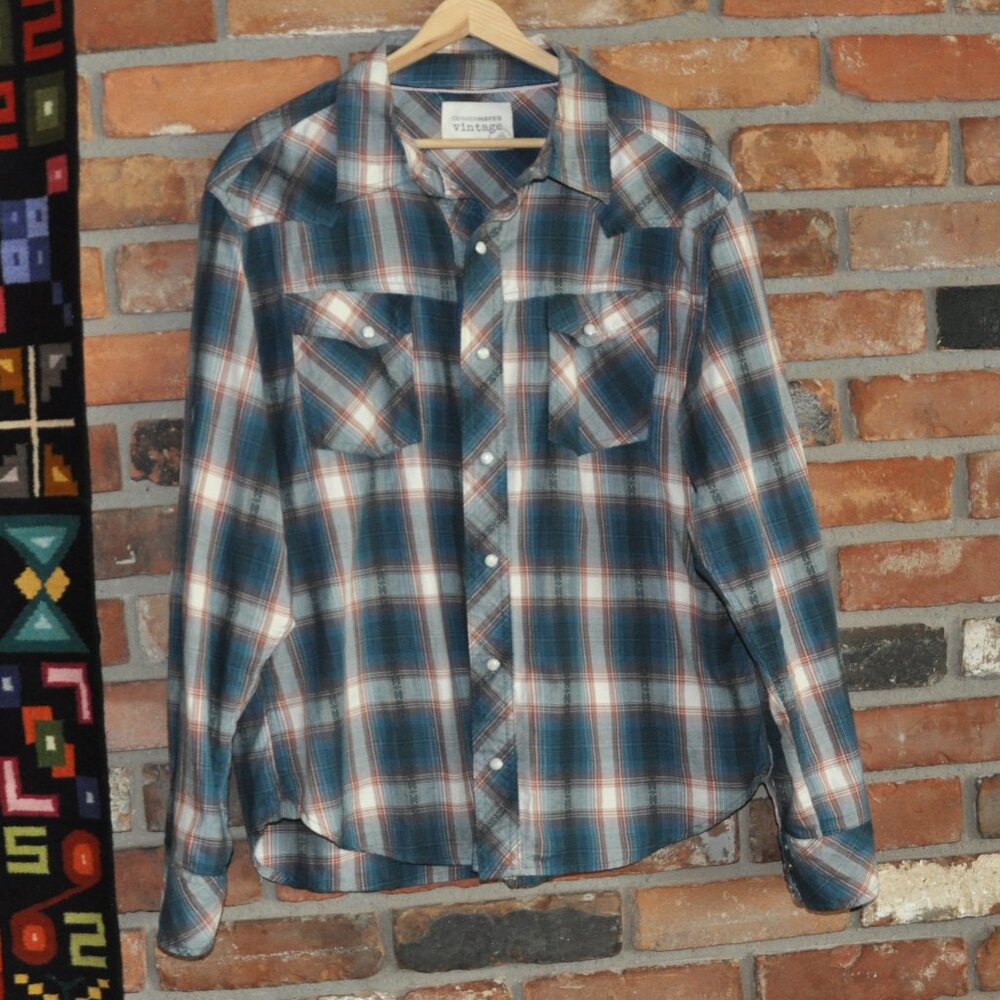 Vintage Denver Hayes Plaid Shirt Blue & Brown, Pearl Snaps Western Cotton  XL